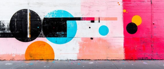 Wall Mural - Vibrant abstract wall art featuring colorful shapes and patterns in urban setting during daylight