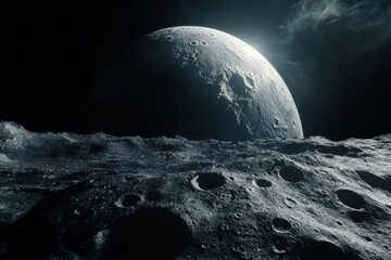 Wall Mural - desolate beauty lunar surface panorama with craters and distant earth on horizon, 3d render