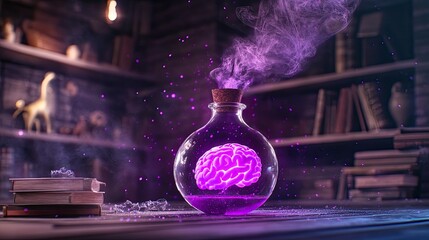 Canvas Print - Enchanted potion with a glowing brain in a mystical setting