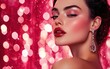 © Marina - A glamorous woman with bold red lipstick and sparkling earrings, against a shimmering pink backdrop with glowing festive accents