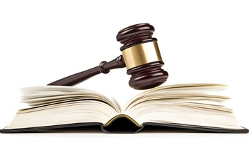 Leinwandbilder - A view from below of a gavel hovering above a law book with blurred courtroom chairs in the background. The upper part offers space for a tagline or justice-themed ad.