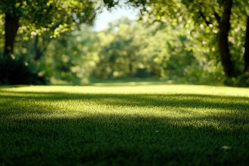 Wall Mural - Sunny park, green grass, tree shade, bokeh background, product placement