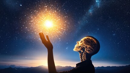 Wall Mural - Human skeleton reaching for cosmic energy in starry night