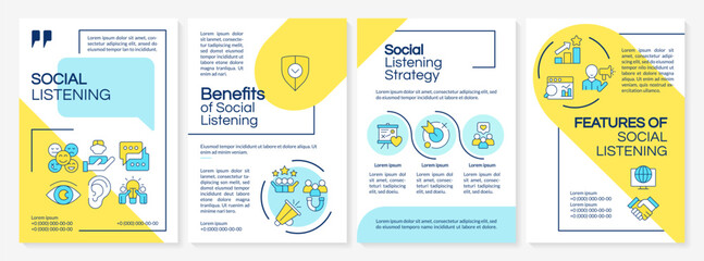 Wall Mural - social media listening blue and yellow brochure template. brand reputation. promoting, advertising. 