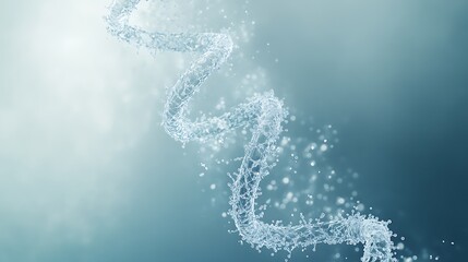 Canvas Print - Transparent DNA helix formed from glowing particles floating against a serene blue background representing genetics