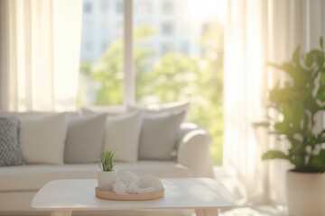 Wall Mural - Sunny living room, plant, sofa, coffee table, decor, window, peaceful, home