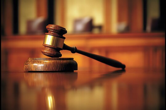 Close-up of a gavel casting a reflection on a glossy surface, with a blurred courtroom scene faintly visible in the background. The empty upper space is perfect for a slogan on the weight of judgment