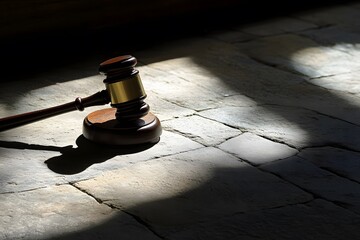 Poster - A blurred gavel resting on a cracked stone floor, with sharp lighting casting long shadows. The darkened area above offers space for a quote on law's fragility or strength. 