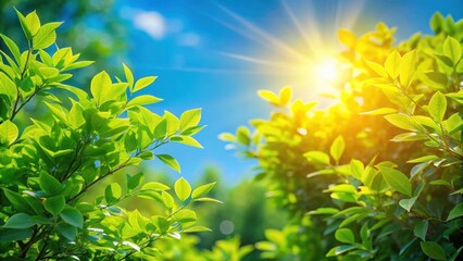 Wall Mural - Dense foliage of garden trees with vibrant green leaves against a soft focus blue sky and warm sunlight on a sunny day , nature