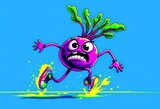 A cartoon beet character runs angrily across a bright blue background.