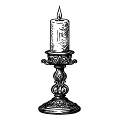 ornate candle holder, black and white sketch, candlelight