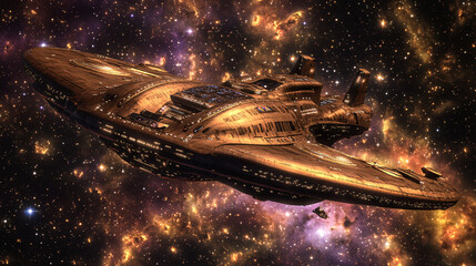 Wall Mural - a futuristic golden spaceship with an intricate design floats through a glowing cosmic galaxy filled