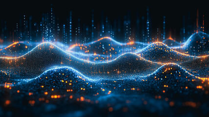 Wall Mural - abstract digital landscape with glowing particles forming undulating waves. the colors are predomina