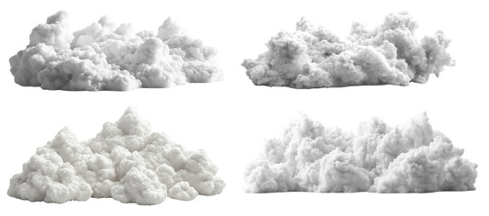 Poster - The image displays four distinct, realistically rendered white cloud formations against a black backdrop, ideal for various design applications.
