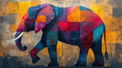 Wall Mural - Abstract, an elephant silhouette with geometric forms, bold contrasts, and a dynamic flow of vibrant colors.