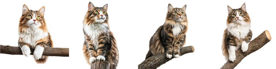 Majestic Norwegian Forest cats perched on tree branches, showcasing their beauty and grace, isolated on transparent background.