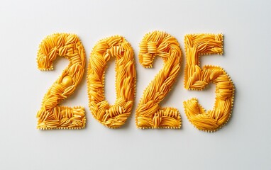 Wall Mural - A playful 2025 made from pasta, spaghetti, and ravioli, isolated on a smooth white background