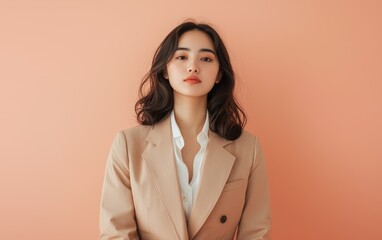 Wall Mural - A portrait of a woman in a minimalist beige suit, placed on a warm pastel peach background for a soft yet professional appearance