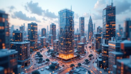  Futuristic city center skyscraper illuminated at dawn