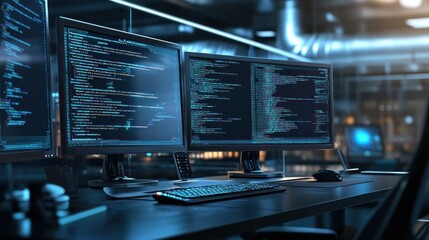 Computer Monitors Displaying Programming Code in a Modern Workstation