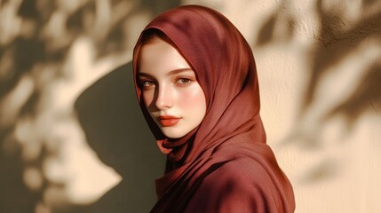 Poster - Young Woman Wearing a Maroon Hijab in Sunlight