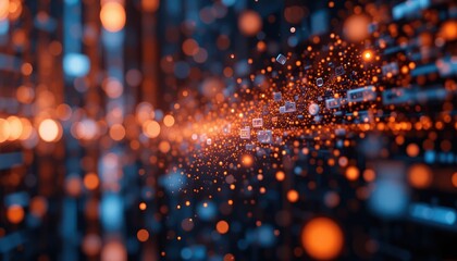 Orange-blue data stream flowing, digital background, technology concept