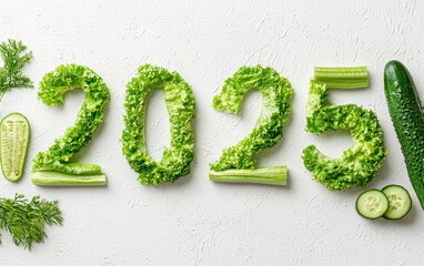 Canvas Print - The number 2025 formed using green vegetables such as lettuce, broccoli, and cucumbers, displayed on a clean white surface