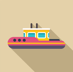 Wall Mural - Pink and yellow tugboat sailing on water, flat design with long shadow