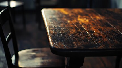 Wall Mural - Wooden table and chair in dim interior.