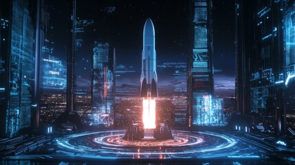 Fototapete - A sleek rocket stands ready on a launchpad surrounded by glowing holographic displays in a vibrant, futuristic cityscape at night. The environment showcases advanced technology and innovation.