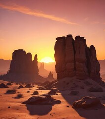 Wall Mural - Desert sunset with silhouetted rock formations against the orange sky, sunset, natural wonder, desert landscape