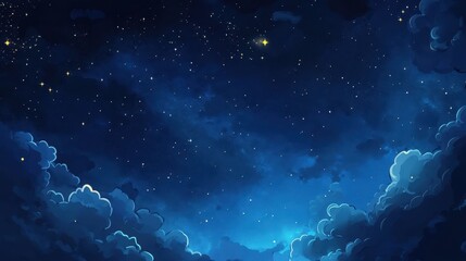 dreamy night sky illustration with glowing stars and soft clouds in deep blues.