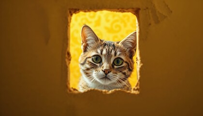  Adorable tabby cat peeking through a small wall opening with a vibrant yellow background, highlighting curiosity, playfulness, and the charm of feline adventures