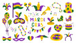 © Marina - Mardi Gras Design Elements Set. Festive clipart with traditional symbols and colors. Collection of colorful carnival jester hat mask beads fleur de lys. Vector illustration