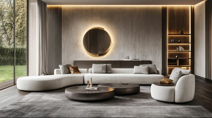 Poster - Modern living room with sectional sofa and round tables.