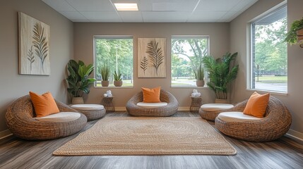 Wall Mural - A serene lounge area features comfortable, rounded seating with orange cushions, alongside potted plants, creating a relaxing atmosphere in natural light.