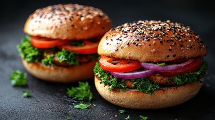 Canvas Print - Two delicious burgers with fresh vegetables on a dark background, perfect for food photography