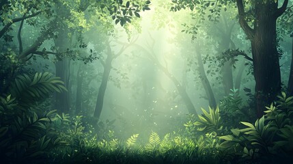 Wall Mural - Captivating Sunlit Forest Oasis with Lush Verdant Foliage Mystical Ambiance and a Sense of Wonder and Tranquility  Scenic Landscape of a Flourishing Enchanting Woodland Bathed in Soft