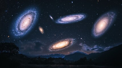 Majestic Night Sky Panorama with Multiple Spiral Galaxies Over Dark Mountain Landscape.