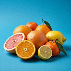 Wall Mural - Various citrus fruits orange, grapefruit, lemon, lime in a colorful background. juicy tasty various fruits.