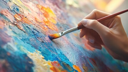 a close-up of an artist's hand holding a paintbrush, painting vibrant watercolor strokes on paper wi