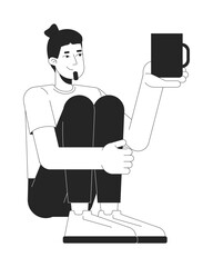 Canvas Print - Sitting caucasian man holding mug black and white 2D line character. Casual moment, everyday life. European guy with beverage cup isolated vector outline person. Monochromatic spot illustration