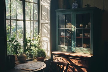 Poster - Sunlit room with window, plants, table and a cabinet.