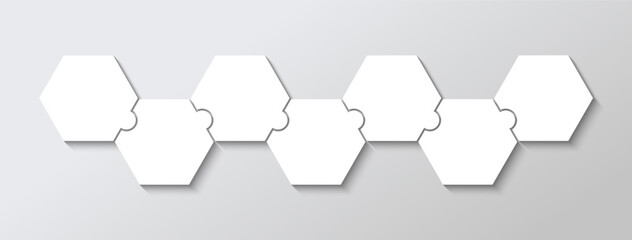 puzzle diagram grid with 7 hexagonal pieces in a row. process infographics presentation. business in