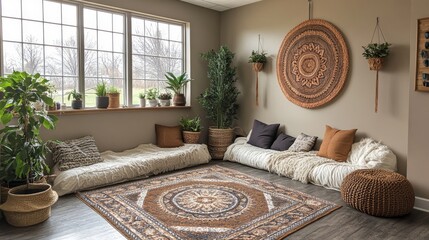 Poster - This inviting space features a large area rug, soft seating, and various indoor plants, perfect for unwinding and enjoying natural light.