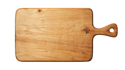 A wooden cutting board with a wooden handle isolated on white background, top view, PNG transparent background