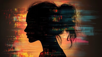 Silhouette of a woman with digital glitch elements