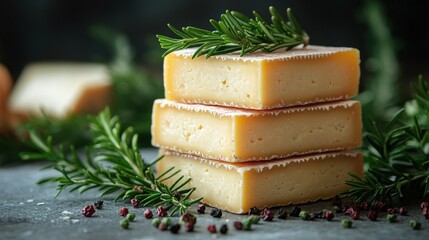 Canvas Print - Three layers of cheese stacked with fresh herbs and spices on a textured background