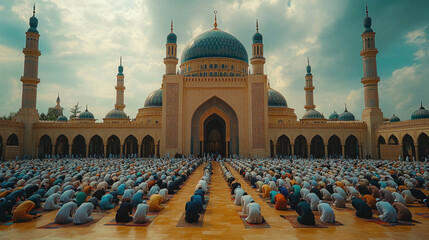 Wall Mural - A mosque courtyard filled with worshippers performing Salat in perfect rows under the open sky