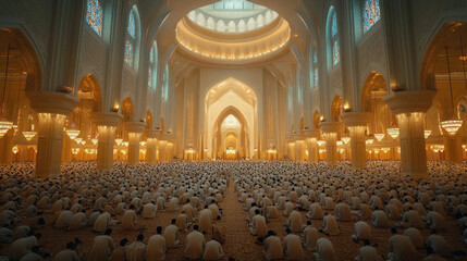 Wall Mural - A mosque filled with worshippers during Laylat al-Qadr, with soft lights and a serene ambiance